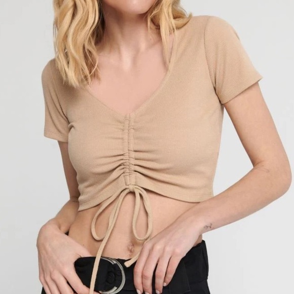 Wearever Ruched Tan V-Neck Top - Picture 1 of 4